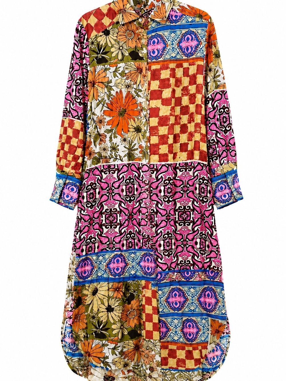 Free People Jackie Maxi Shirt Dress S Patchwork Floral Checkerboard Button Front - Picture 2 of 12